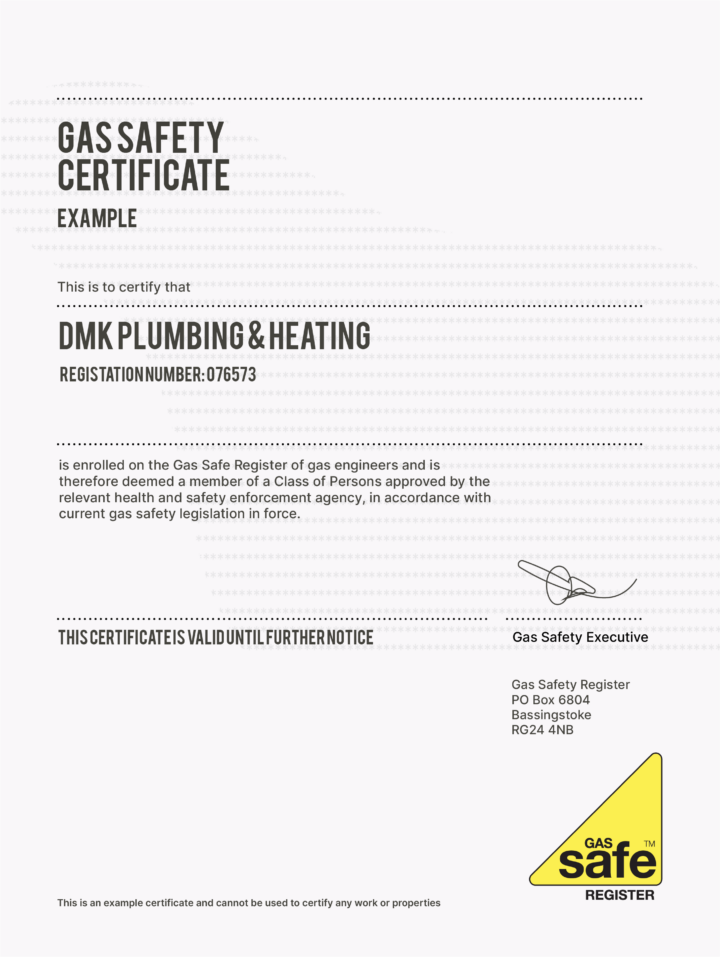 Landlord gas safety certificate issued by DMK Plumbing & Heating