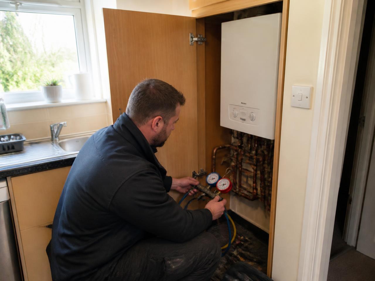 Gas Safe engineer servicing a combi boiler in a Cardiff kitchen