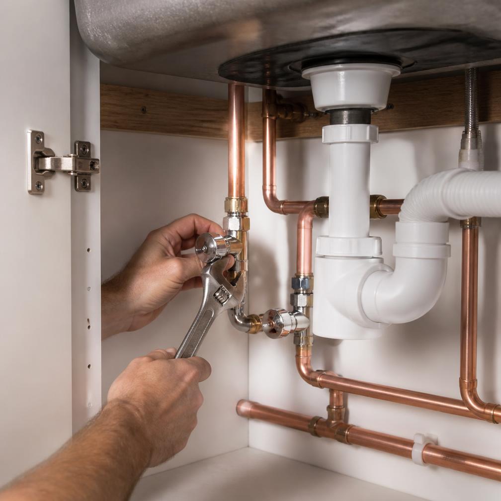 New copper pipework and valves fitted under a kitchen sink